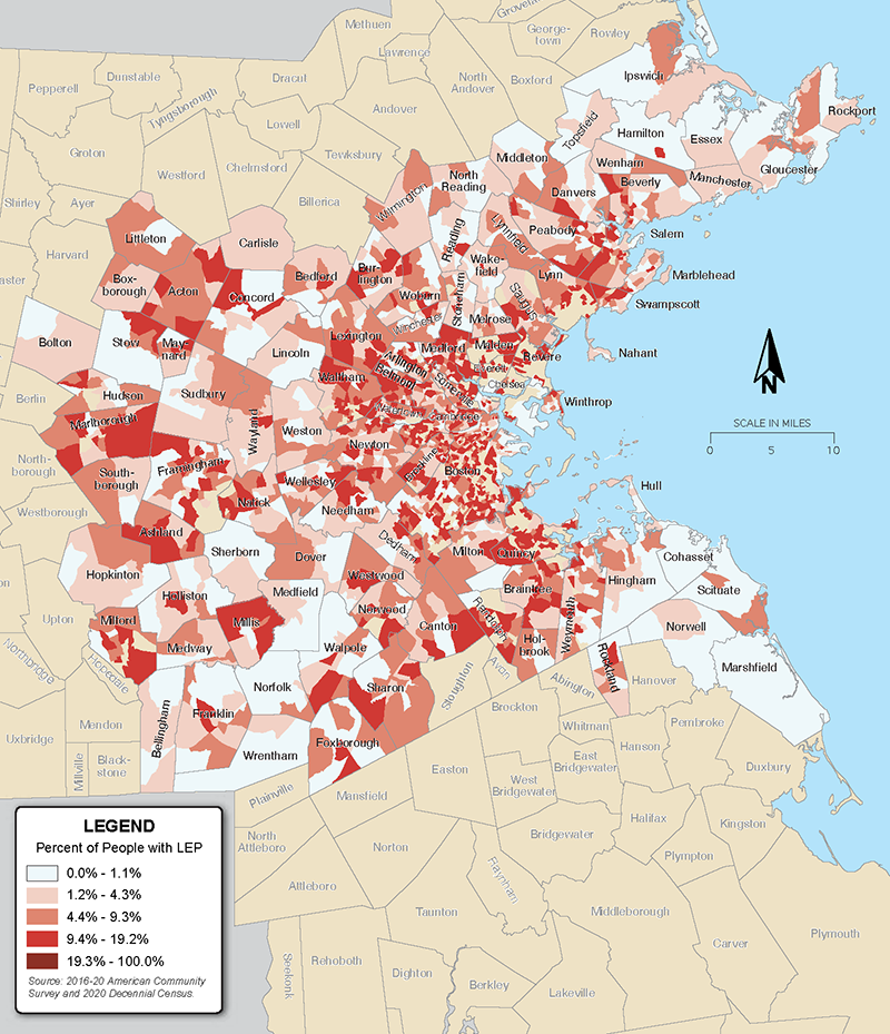 Figure 4 is a map that shows the percent of the population that has limited English proficiency in Boston region communities.